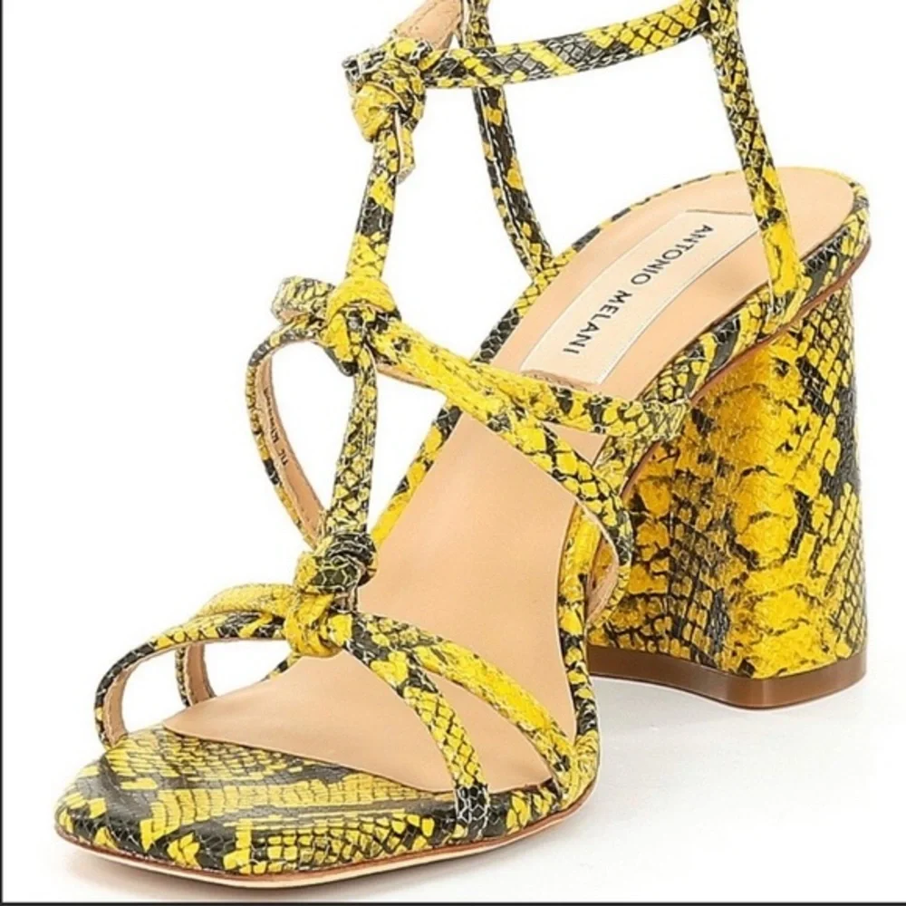 Antonio Melani Bayslie Yellow Black Snake Print Block Sandal Heels Women 7.5 EUC